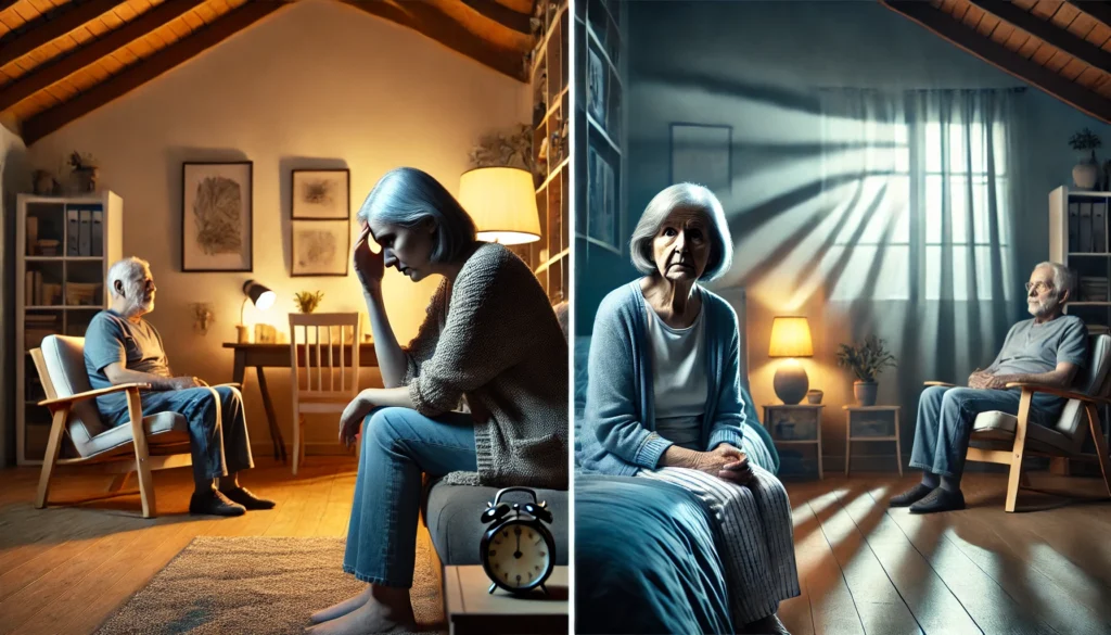 Split view of dementia-like symptoms caused by depression and medication, showing how to detect dementia accurately