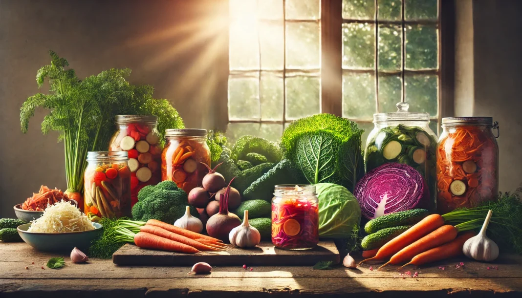 Colorful vegetables and fermented foods on a kitchen counter representing how to fix your gut naturally