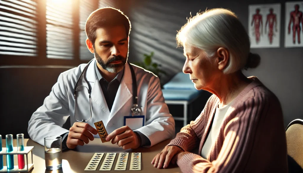 Medical professional administering memory test to elderly patient, showing early steps in how to help someone with cognitive impairment