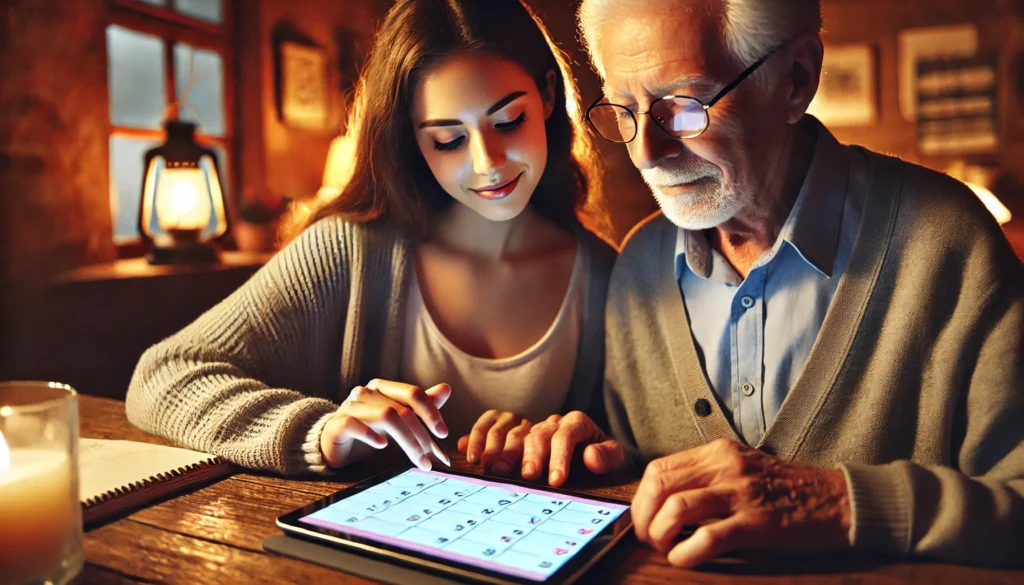 Caregiver assisting senior with digital reminders on a smartphone, offering strategies for how to help someone with cognitive impairment at home