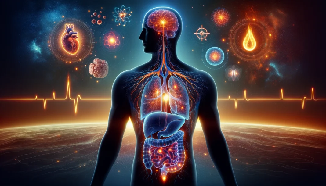 Conceptual illustration of human metabolism with glowing internal organs and energy icons showing how to increase metabolism
