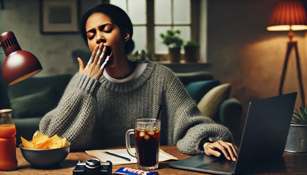 Woman displaying signs of a slow metabolism including fatigue and cold sensitivity in a home office setting