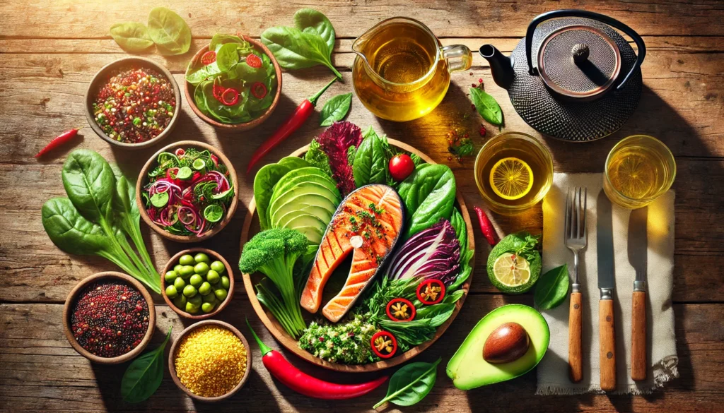 High-protein and antioxidant-rich foods like salmon, avocado, quinoa, and green tea that help increase metabolism