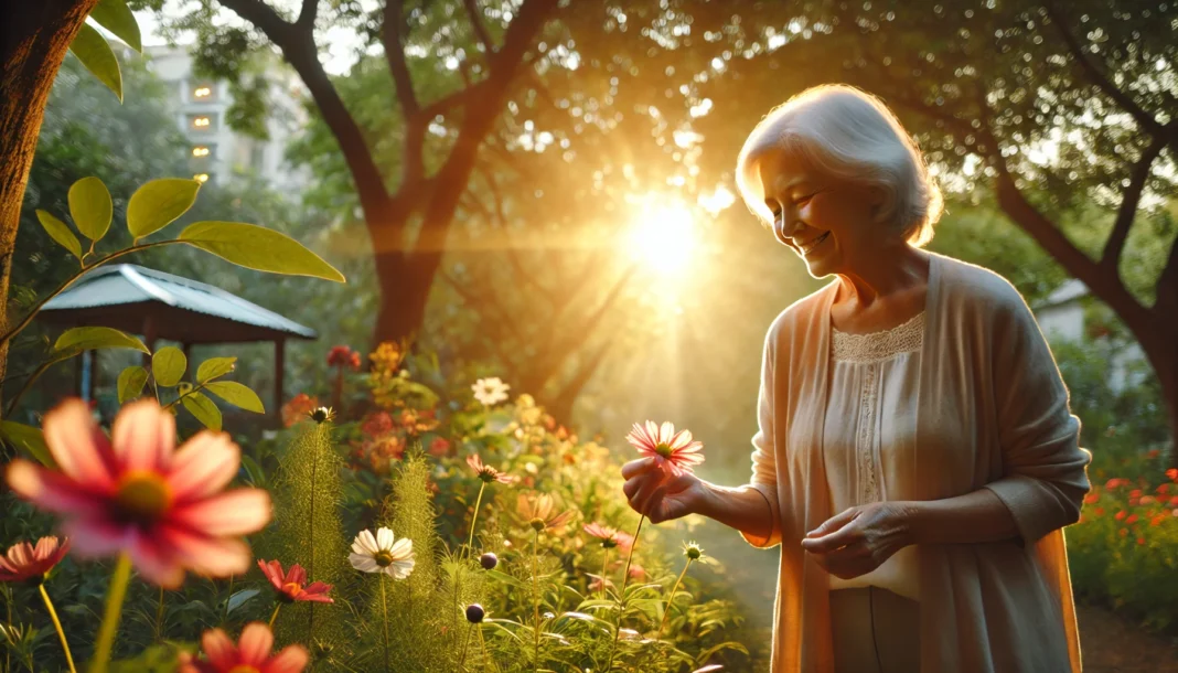 Elderly person in nature showing signs of restored memory and mental clarity through lifestyle intervention.