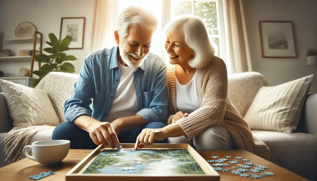 Elderly couple engaging in brain-boosting activity as part of reversing memory loss through lifestyle.