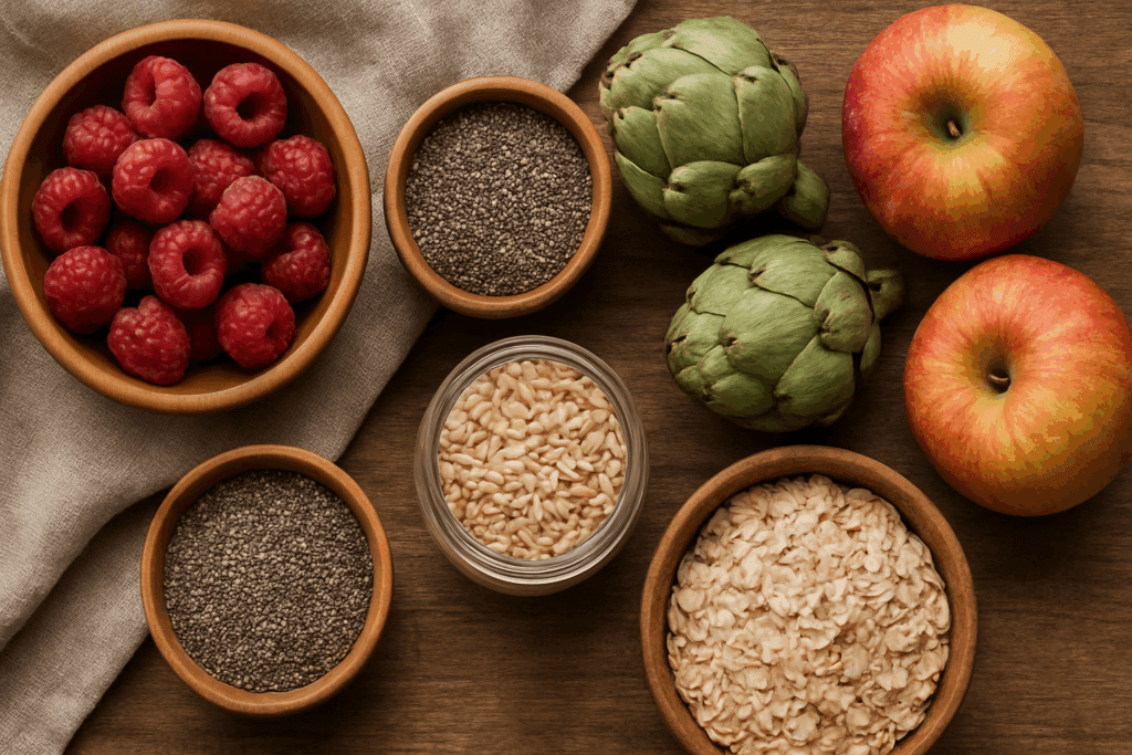 Top-down view of healthy filling foods including raspberries, chia seeds, artichokes, apples, barley, and oats arranged in wooden bowls on a rustic table