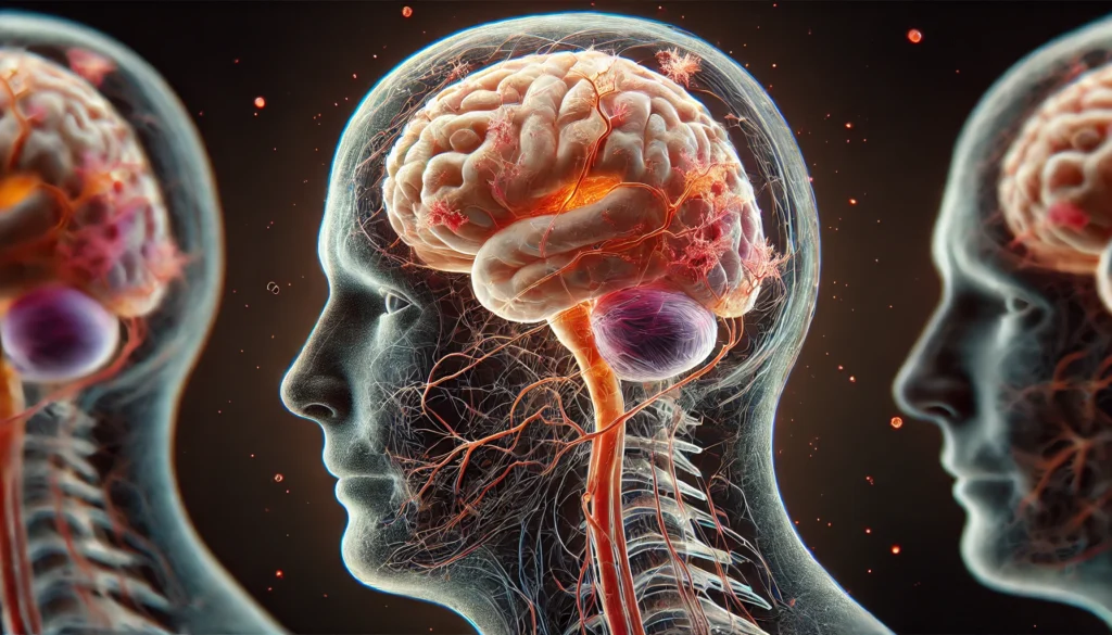 Scientific image of inflamed brain with neuron degeneration showing biological causes tied to how to stop cognitive decline