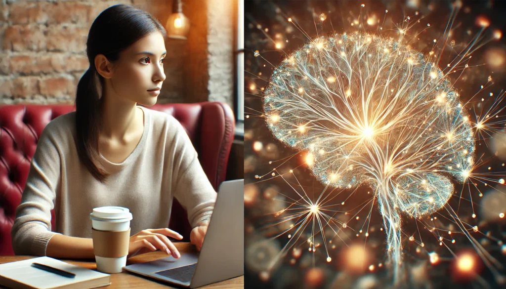 Woman drinking coffee while working with visualized brain energy, highlighting what MCT oil does in coffee