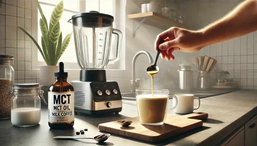 Kitchen scene with MCT oil being poured into coffee, illustrating how to use MCT oil in coffee