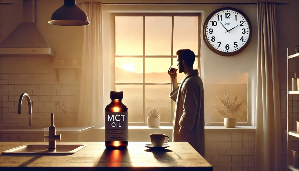 Person sipping coffee at sunrise with MCT oil on counter, symbolizing fasting with MCT oil in coffee