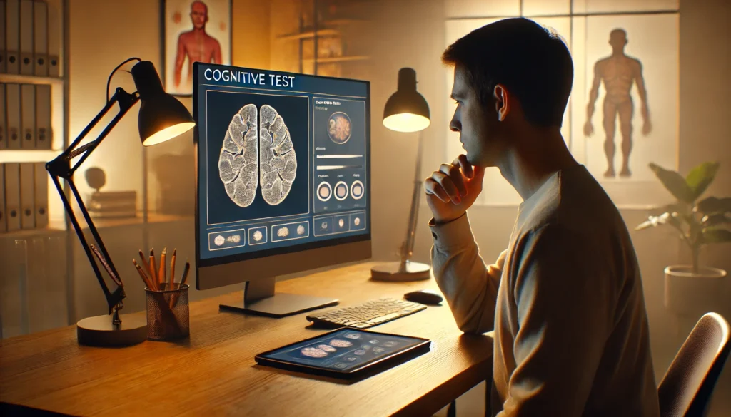 Individual taking a digital cognitive symptom checker to assess early cognitive symptoms.
