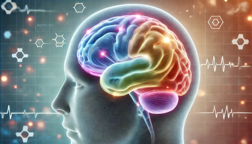 Cross-sectional visualization of human brain highlighting areas linked to medical cognition and cognitive function.