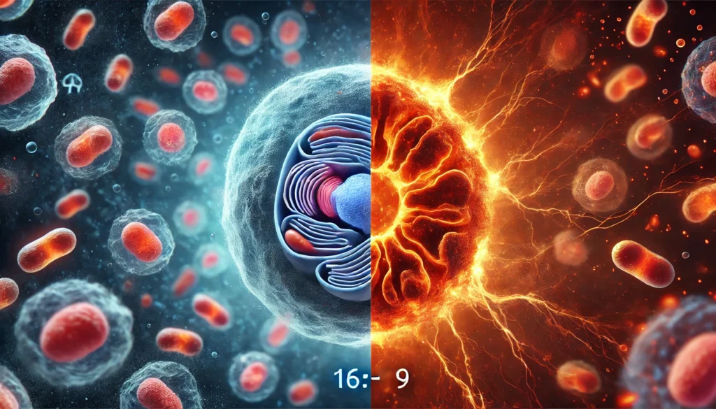 Cellular depiction of a hypermetabolic state with overactive mitochondria and energy overproduction illustrating hypermetabolism symptoms