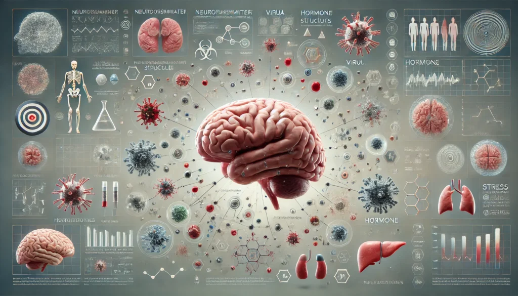 Medical concept visual of brain surrounded by causes like stress, hormones, and infection triggering thoughts like “what is wrong with my brain