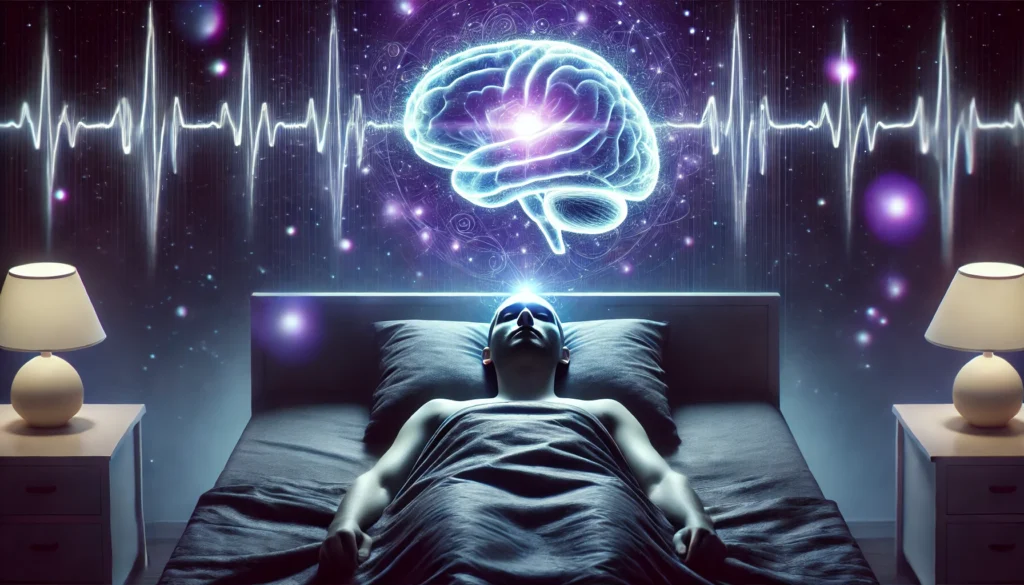 Surreal visual of person in bed sensing brain buzzing, symbolizing internal brain perception changes and sensory disruption