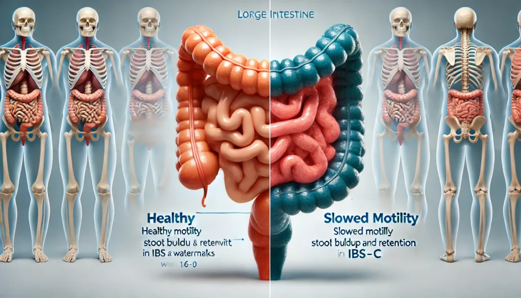 Split view of colon motility showing slow movement and stool retention in IBS-C