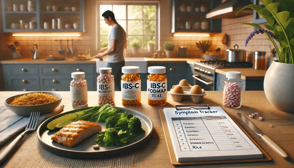 IBS-C treatment scene with medication, low-FODMAP meal, and symptom tracking setup