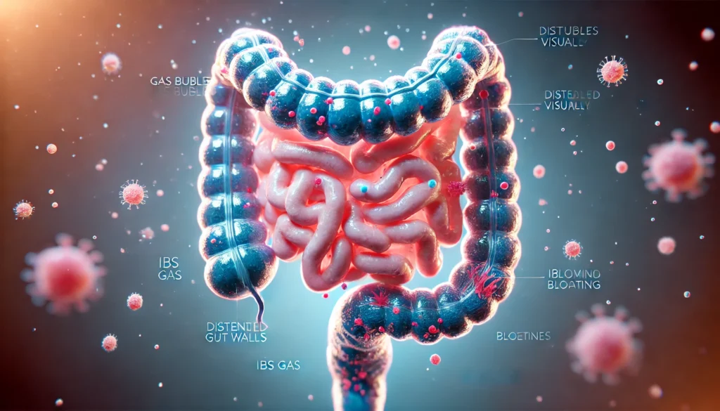 3D intestinal illustration showing gas buildup and bloating in IBS-related gut dysfunction
