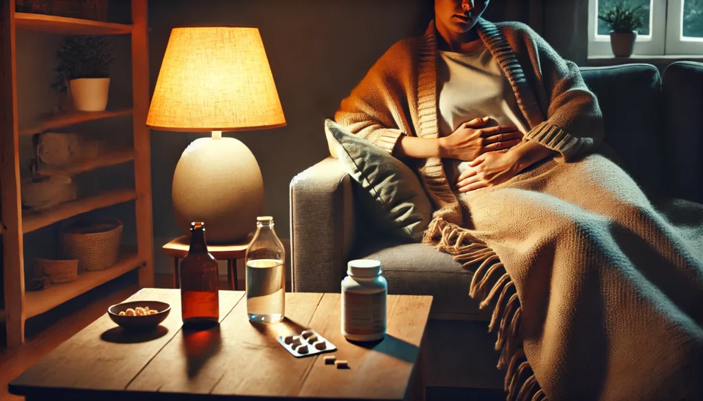 Person lying in bed reflecting on IBS symptoms with visible signs of nighttime gut discomfort