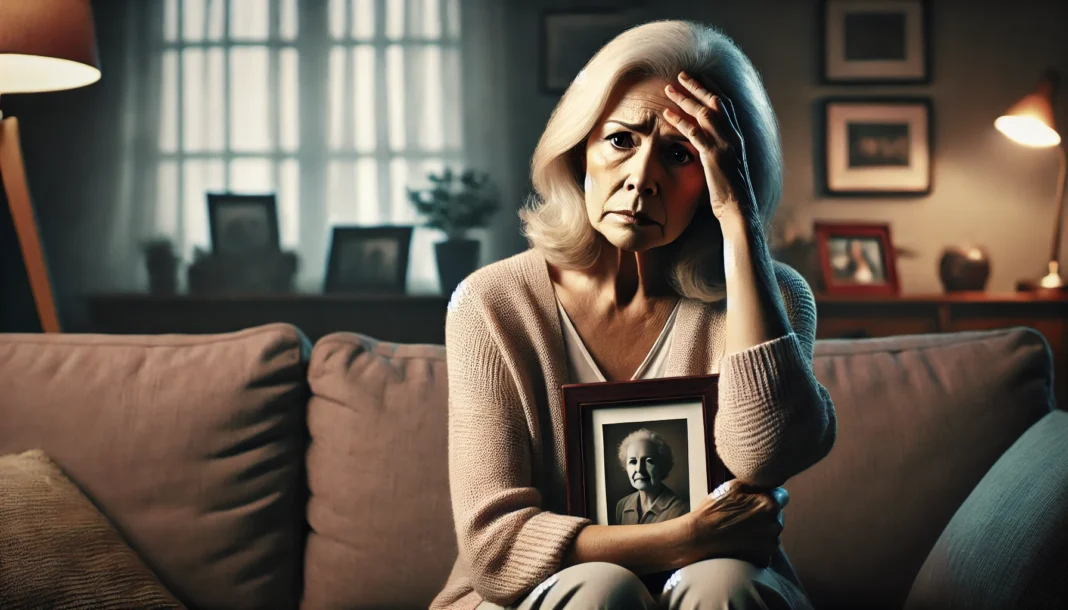 Elderly woman sitting anxiously in a quiet living room, showing early dementia fear symptoms and questioning is anxiety a sign of dementia