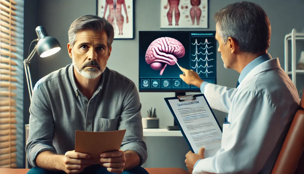 Middle-aged man consulting neurologist about chronic anxiety as a possible early dementia warning