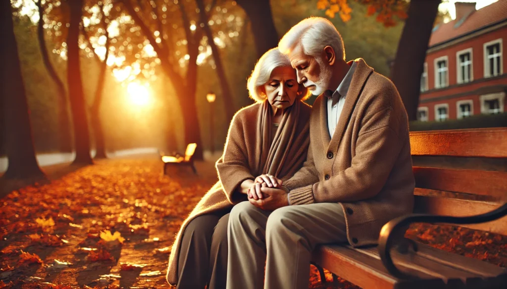 Elderly couple holding hands on bench reflecting emotional impact of anxiety and its link to dementia