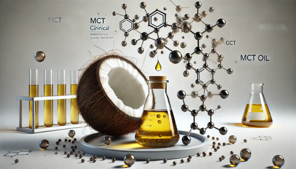 Scientific view of MCT oil molecules and coconut, explaining how “is mct oil good for constipation” works biochemically