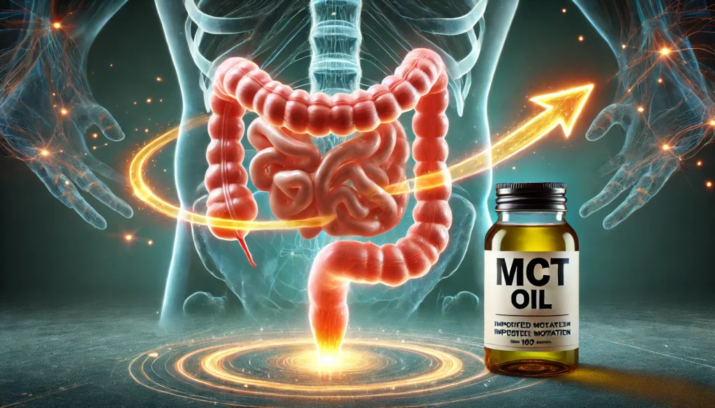 Digestive tract diagram with motion arrows showing bowel stimulation from MCT oil, answering “is mct oil good for constipation