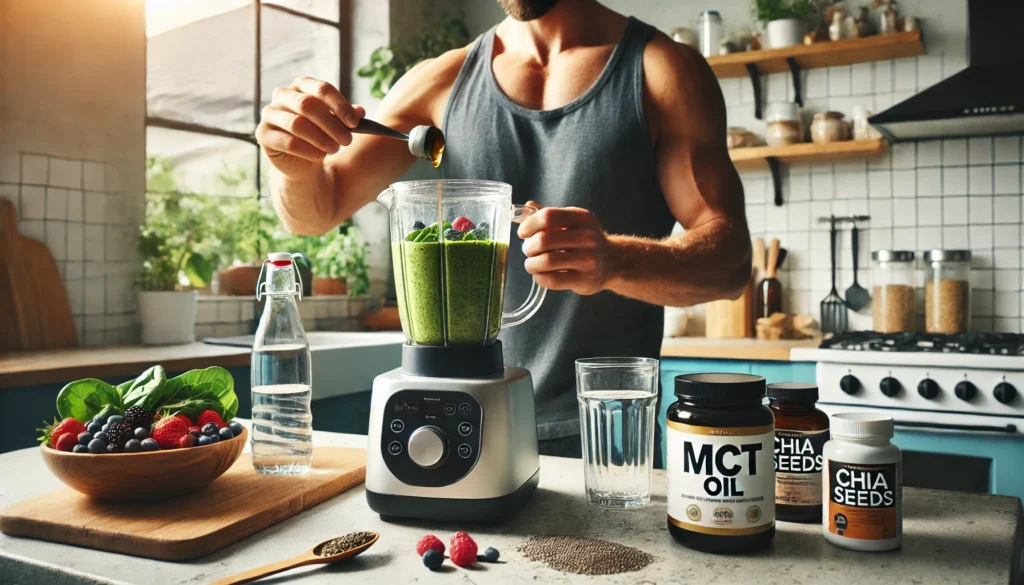 Man adding MCT oil to smoothie as part of a gut health routine, demonstrating practical use in “is mct oil good for constipation