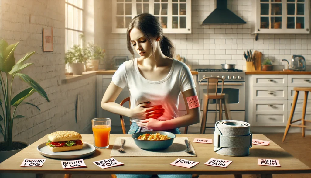 Woman experiencing multiple leaky gut symptoms including fatigue, joint pain, and digestive discomfort