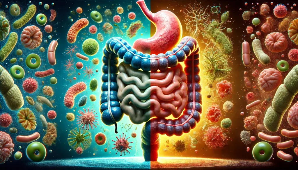 Visual comparison of healthy vs damaged gut lining highlighting causes of leaky gut syndrome