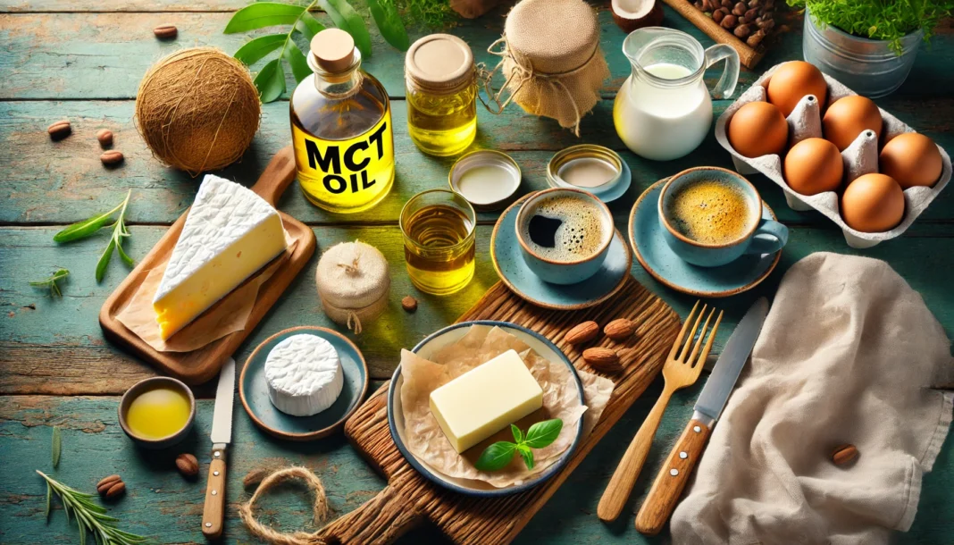 Flat lay of MCT-rich foods including MCT oil, coconut oil, and keto coffee for weight loss support