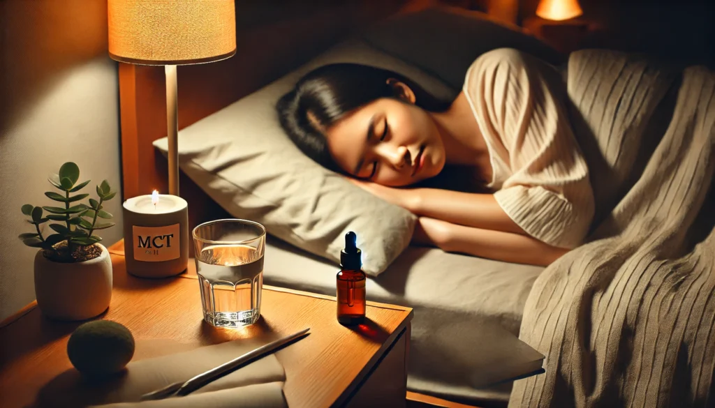 Peaceful sleep setting with MCT oil on nightstand supporting nighttime weight loss