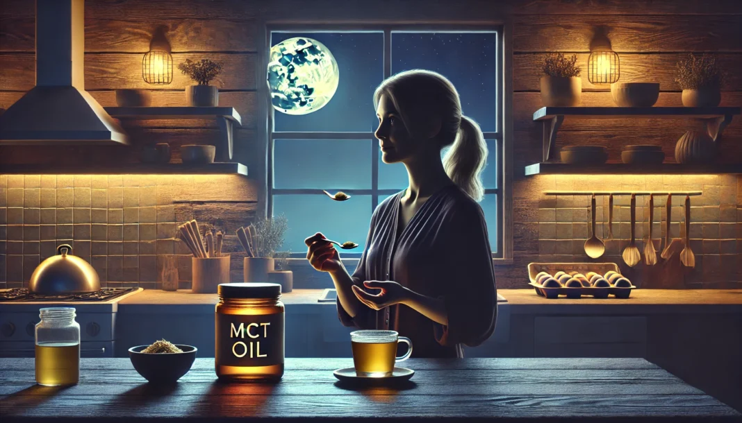 Woman in a calm nighttime kitchen taking MCT oil before bed for weight loss support