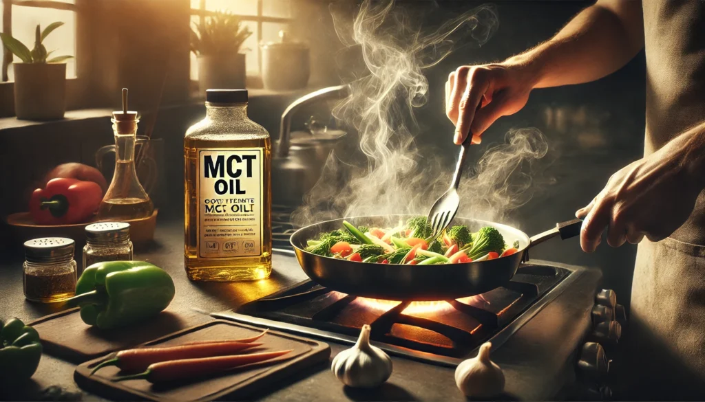 Cooking vegetables with MCT oil on a stovetop showing practical use of mct oil ingredients
