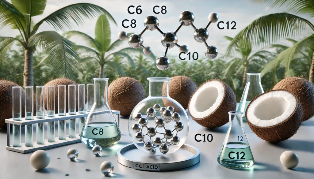Molecular illustration of medium-chain triglycerides C6, C8, C10, C12 linked to mct oil ingredients