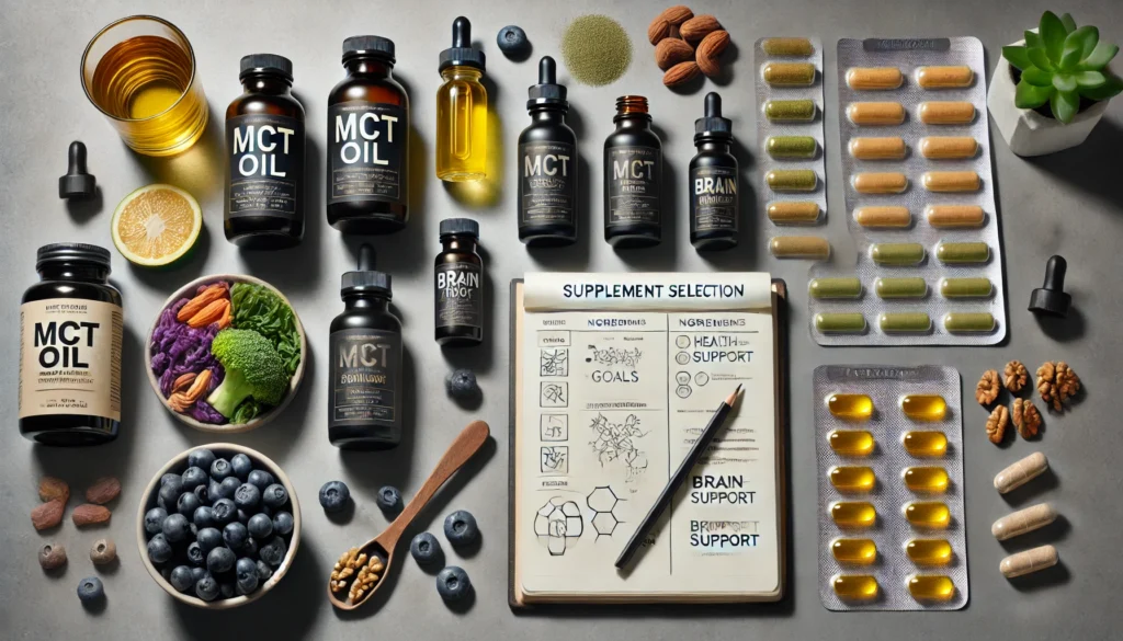 Flat-lay of MCT oil options and lifestyle items representing choice in mct oil ingredients for personal health goals