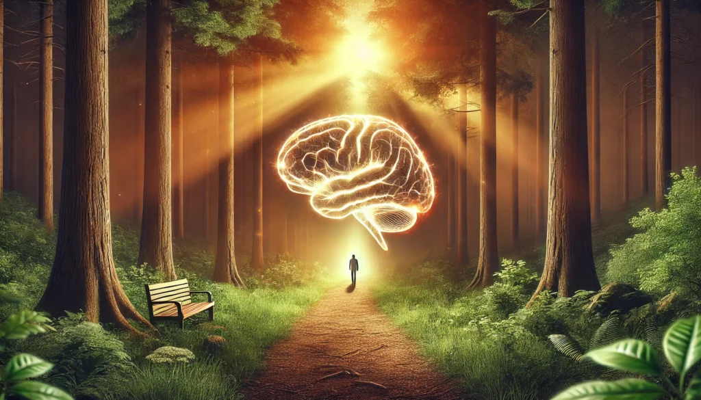 Glowing brain silhouette on sunrise forest path symbolizing MCT oil for dementia clarity