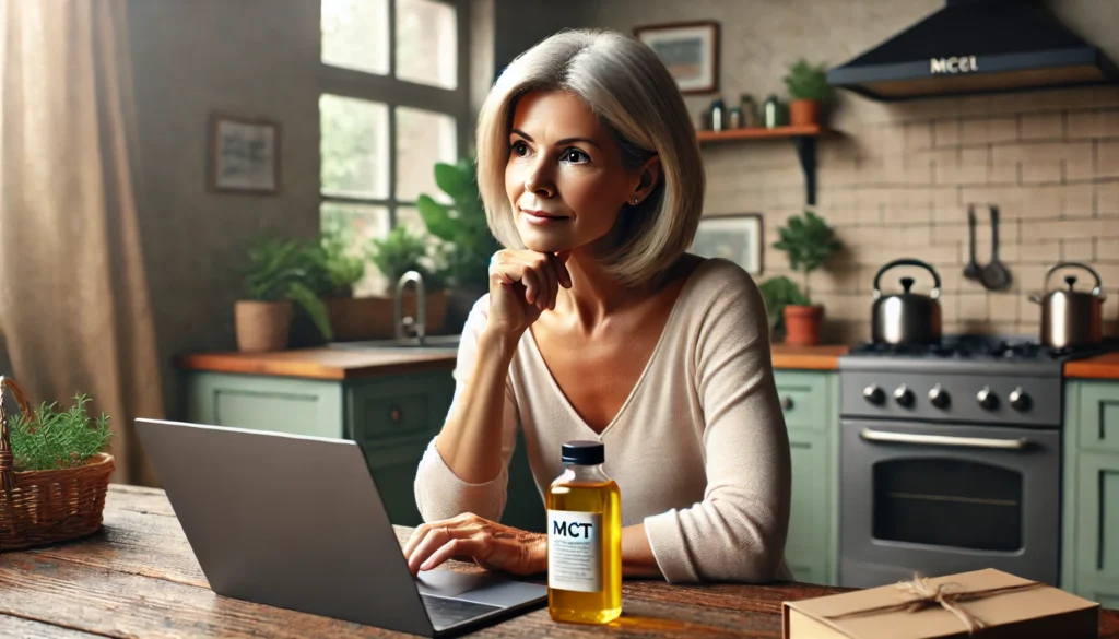 Woman researching MCT oil for dementia on laptop at home