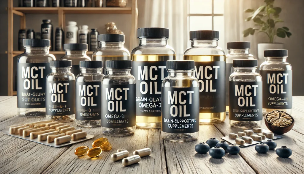 Selection of MCT oil bottles and brain-boosting supplements for dementia