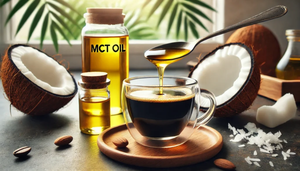 Spoon of MCT oil being added to coffee, supporting brain function in dementia