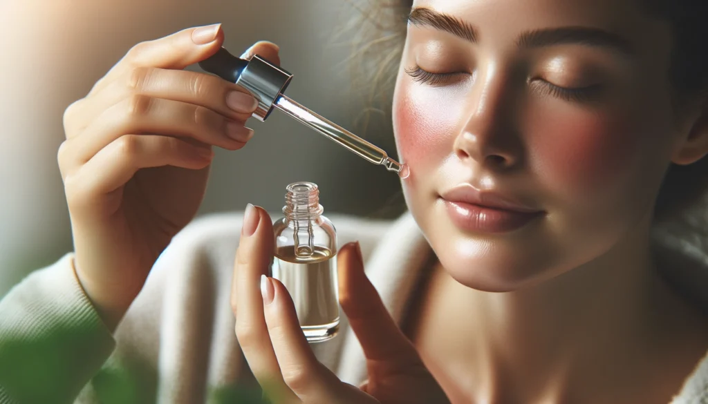 Woman applying MCT oil to inflamed cheek, illustrating soothing benefits of MCT oil for skin