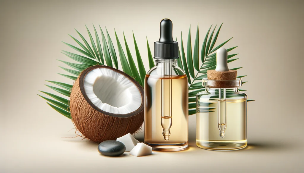 Coconut-based MCT oil contrasted with palm-derived oil visually, emphasizing coconut MCT oil for skin formulation differences