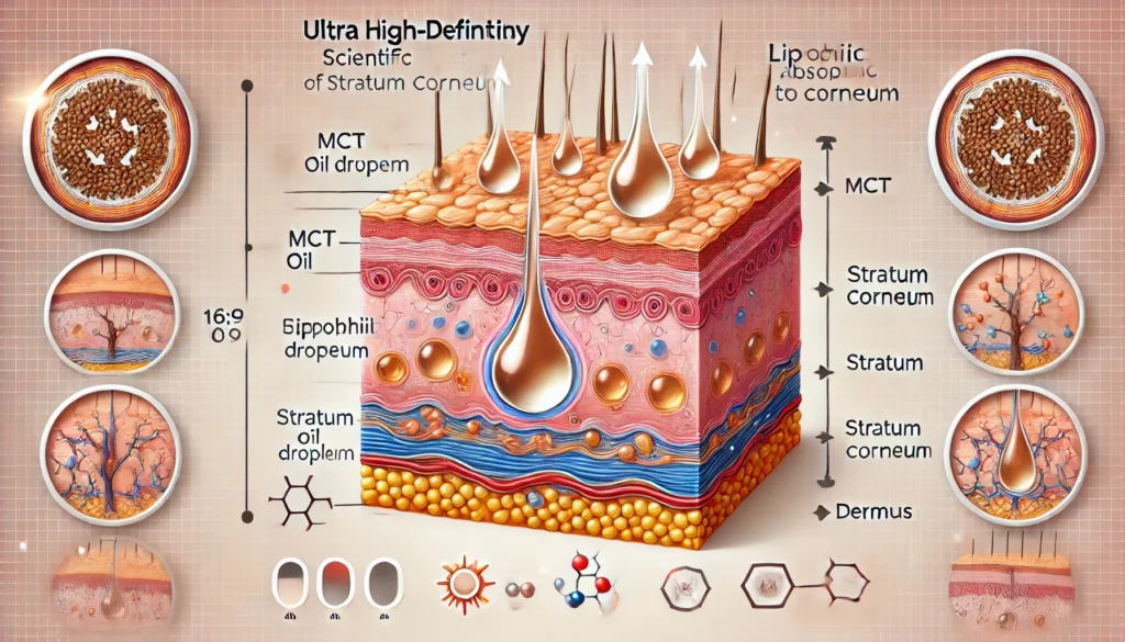Scientific diagram showing MCT oil absorption through skin layers, demonstrating how MCT oil is absorbed through the skin