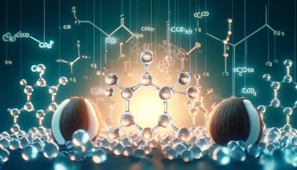 Molecular visual of C8, C10, and C12 triglycerides derived from coconut, highlighting the structure of MCT oil vs coconut oil