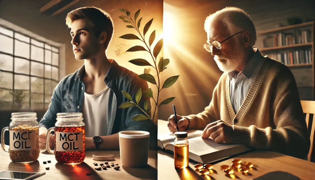 Split image of MCT oil for mental focus and fish oil for long-term brain support, illustrating cognitive effects in MCT oil vs fish oil debate