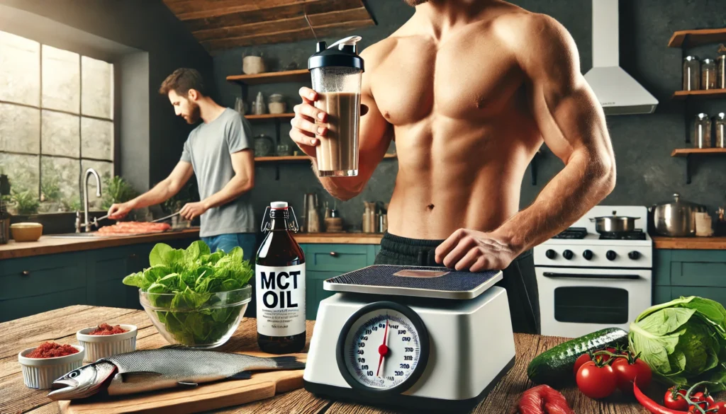 Person using MCT oil for weight support while another prepares fish-based meal, contrasting fat oxidation benefits of MCT oil vs fish oil