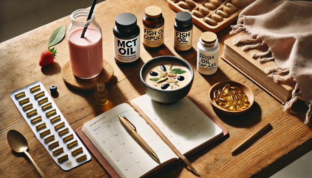 Personalized supplement setup with MCT oil and fish oil capsules beside a smoothie and planner, reinforcing conclusion of MCT oil vs fish oil comparison