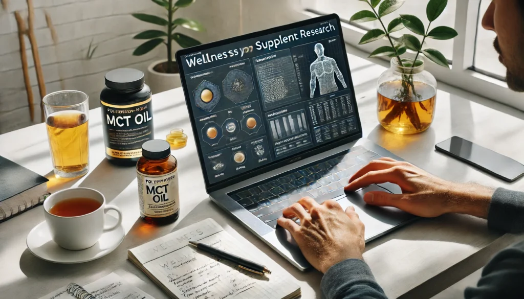 Researcher comparing MCT polyphenols benefits at a modern health-focused desk setup