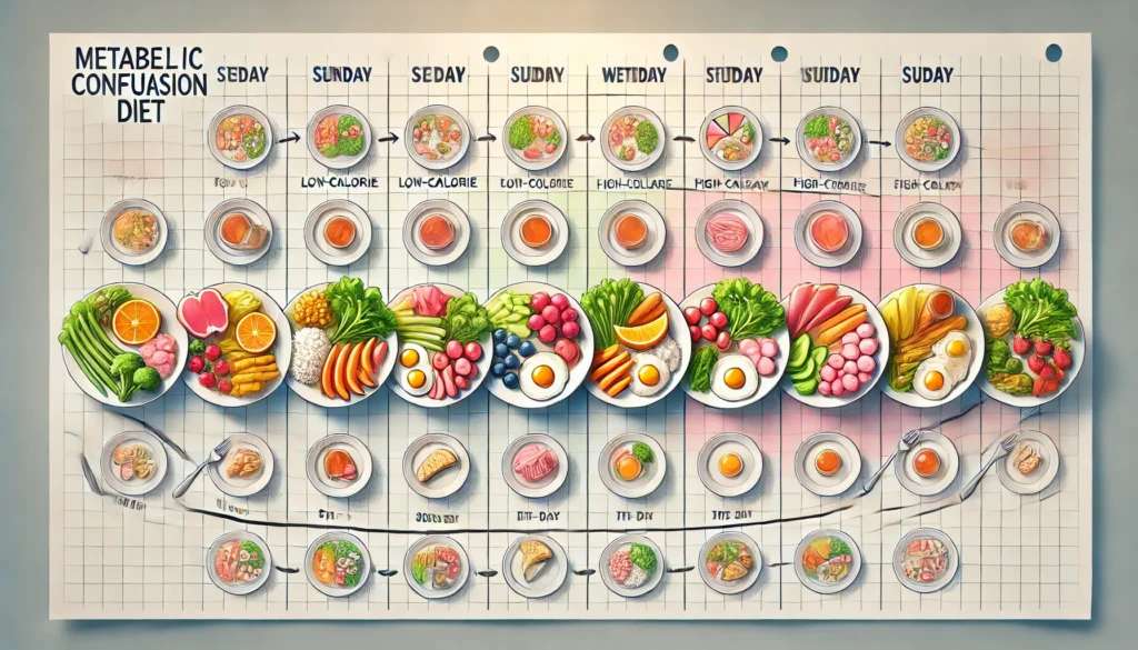 Weekly timeline of calorie cycling illustrated with varying daily meals for the metabolic confusion diet